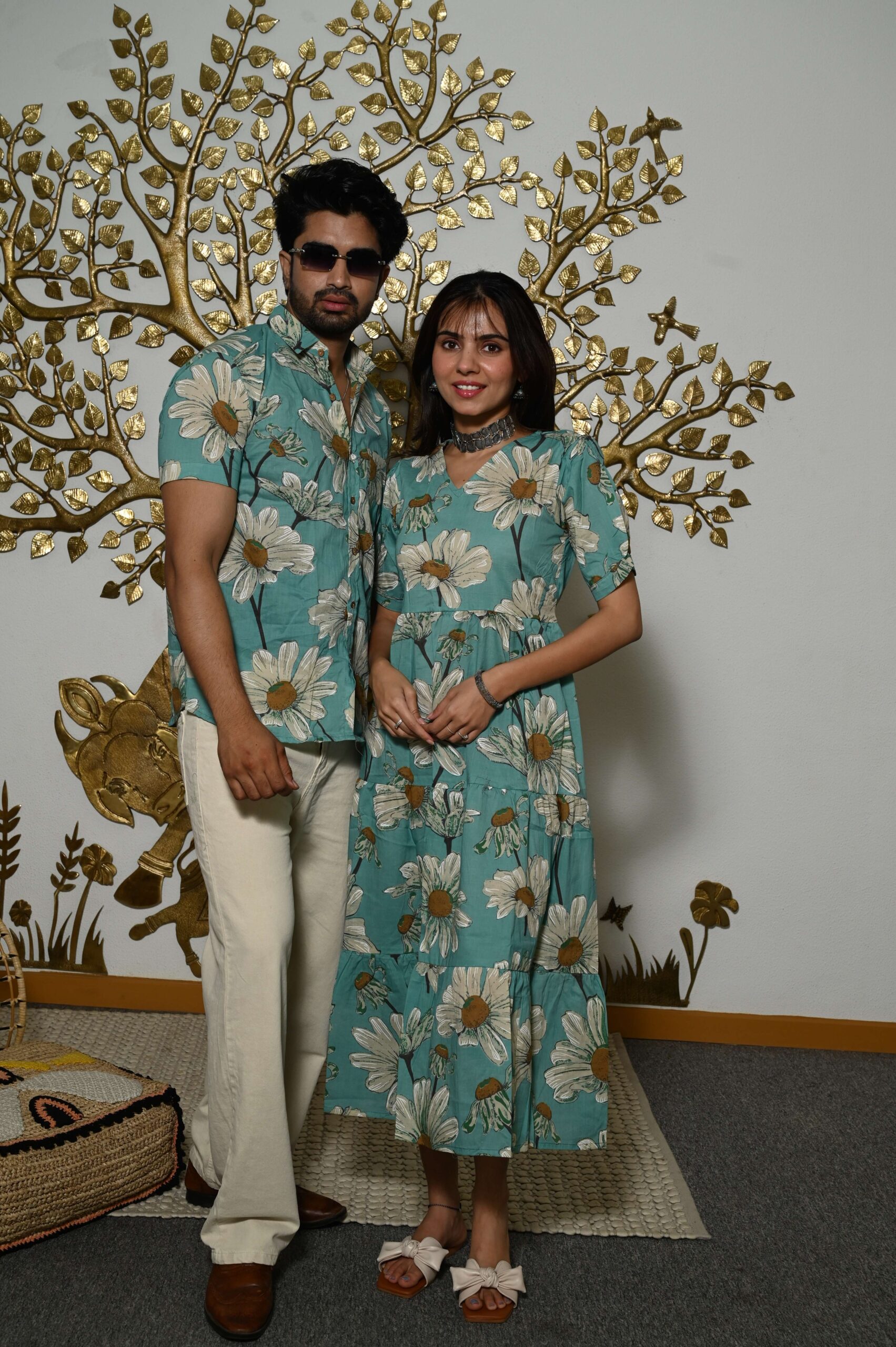 Couple Matching Teal-Blue floral Printed Cotton Anarkali Midi Dress & Shirt Set ? Summer Casual Wear